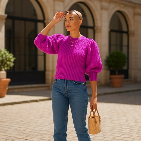 Lumière Small Bright Fuchsia Chunky Knit Balloon Sleeve Sweater - Picture 12 of 12